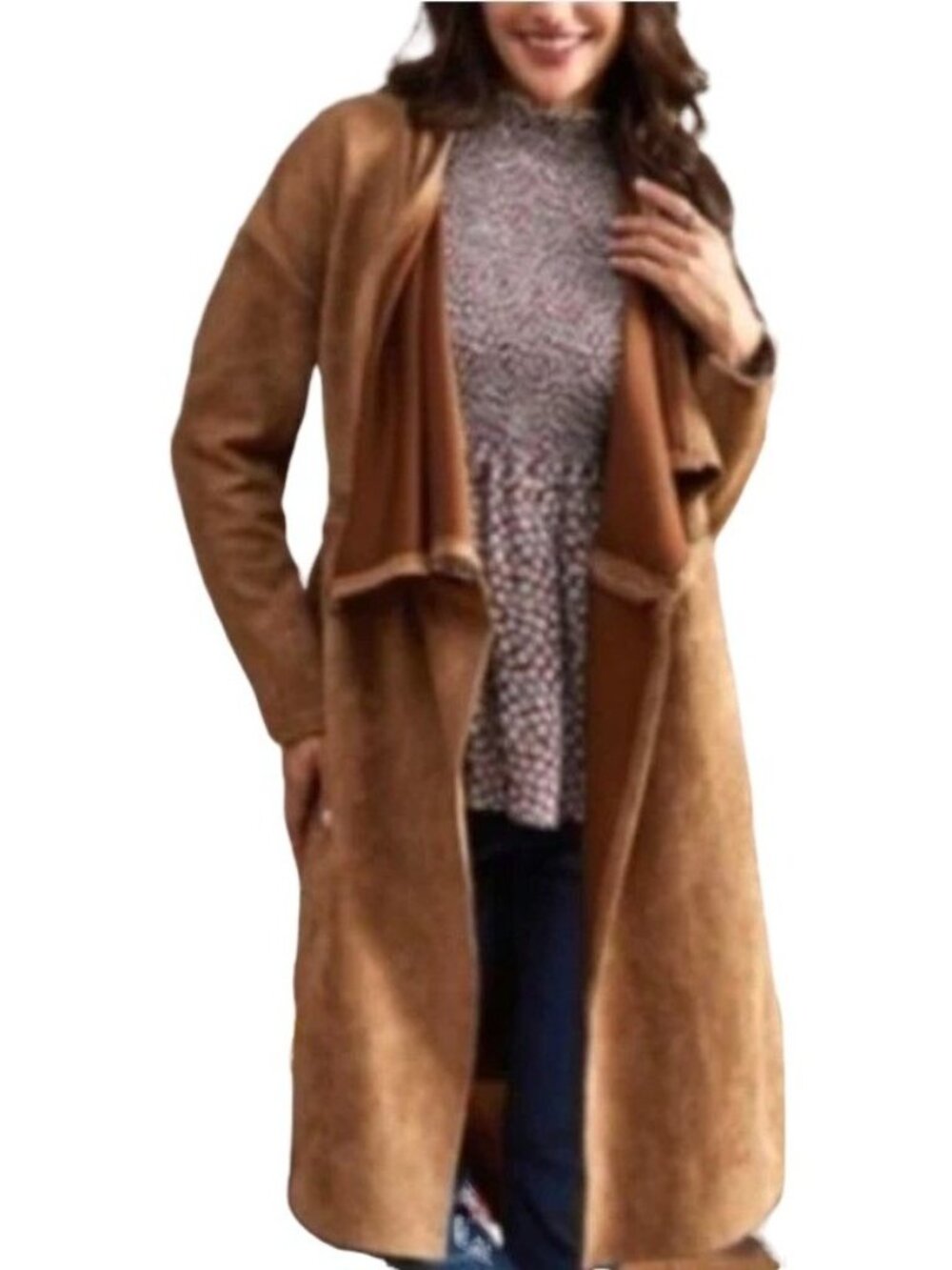 Suzanne Betro Weekend Jacket Medium Faux Suede Lace Inset Long Tan Size NWT